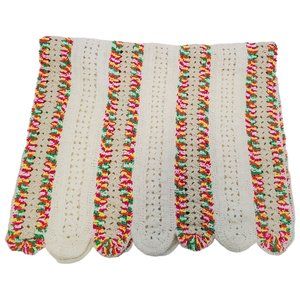 Vintage Handmade White Neon Rainbow Crochet Afghan Throw Scalloped Edges 30x51